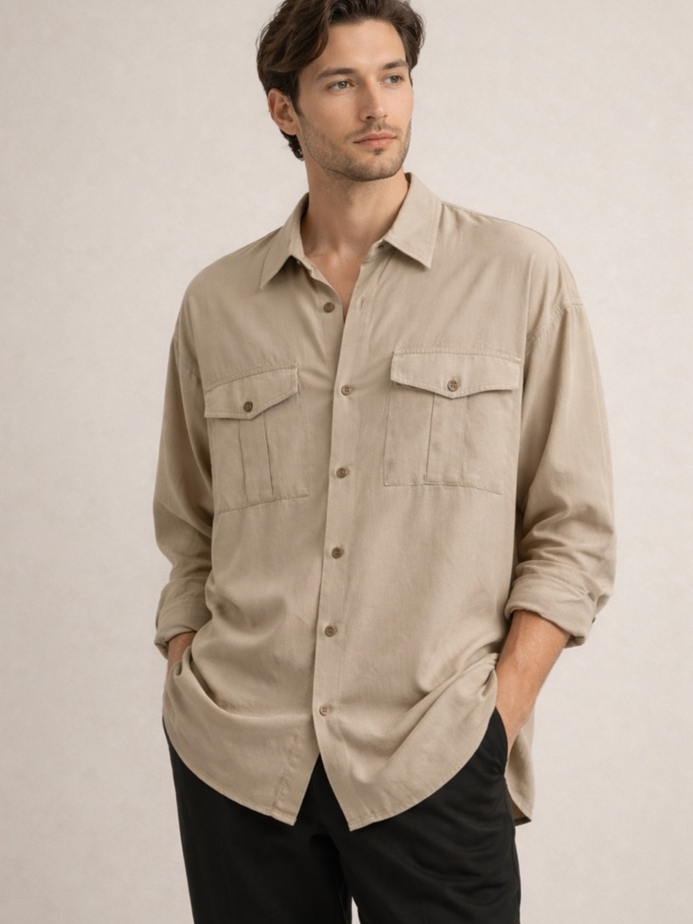 Original Island Sport 100% Silk Button-Up Shirt in Light Beige